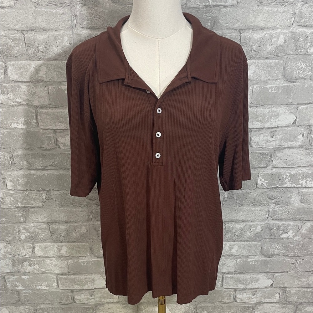 SPANX Brown Rib Polo Pullover Shirt with 5 Button Placket